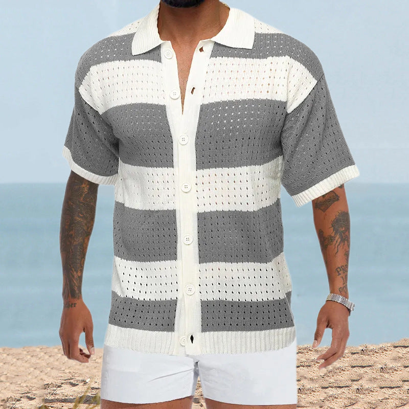 Men's Cardigan Polo Collar Short Sleeve Color Matching Thin