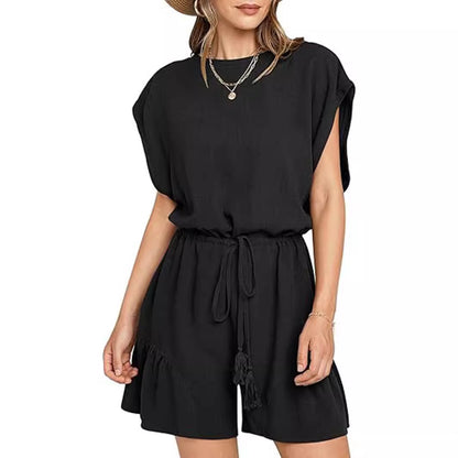 Cotton And Linen Jumpsuit Loose Waist Short Sleeve Women