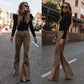 Solid Color Mid-waist Slim-fit Micro Flared Pants Corduroy