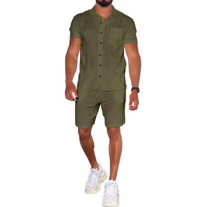 Summer Menswear Suit Polo Collar Solid Color Short-sleeved Shorts Suit Button Four-sided Stretch Shirt