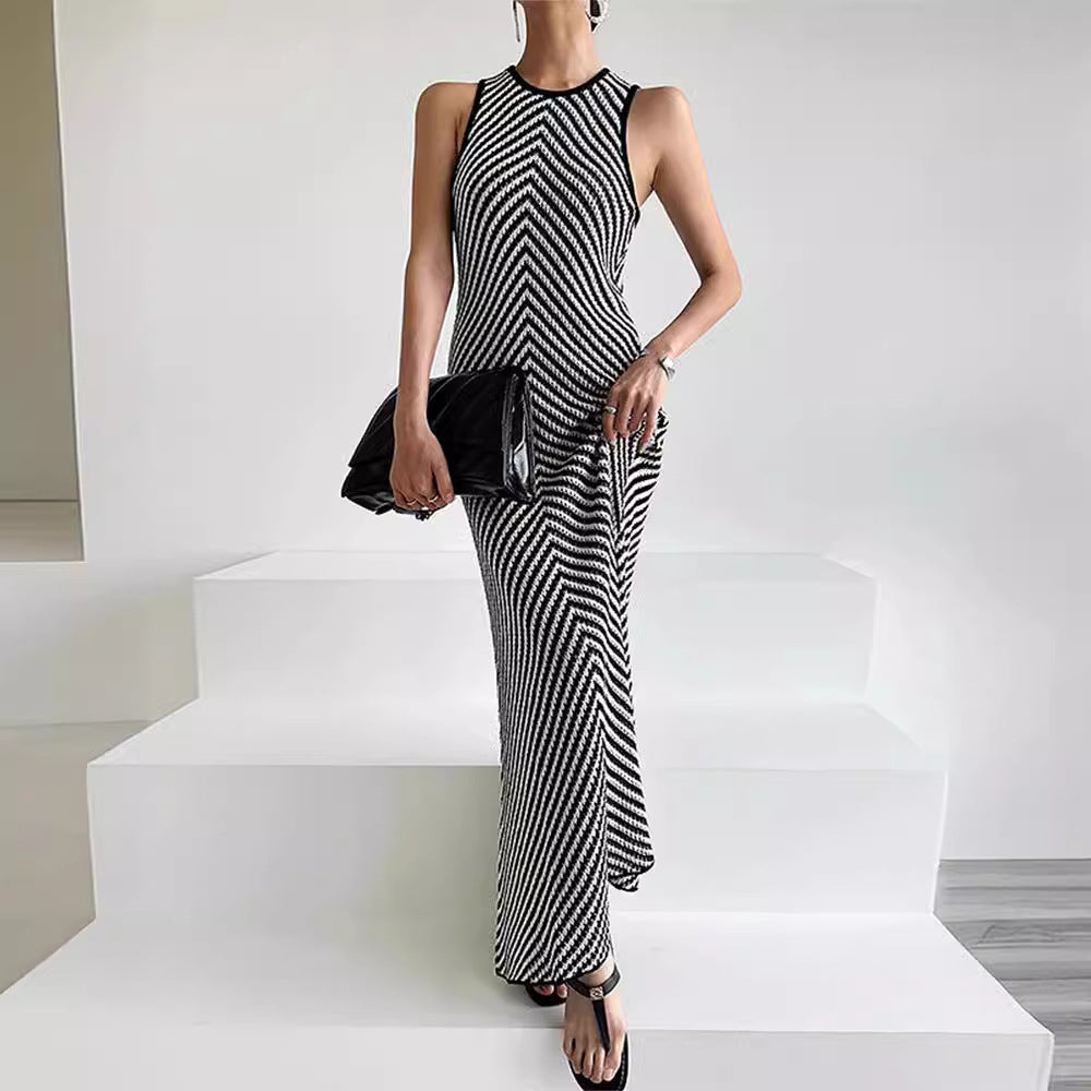 Summer Round Neck Striped Color Sleeveless Knitted Dress
