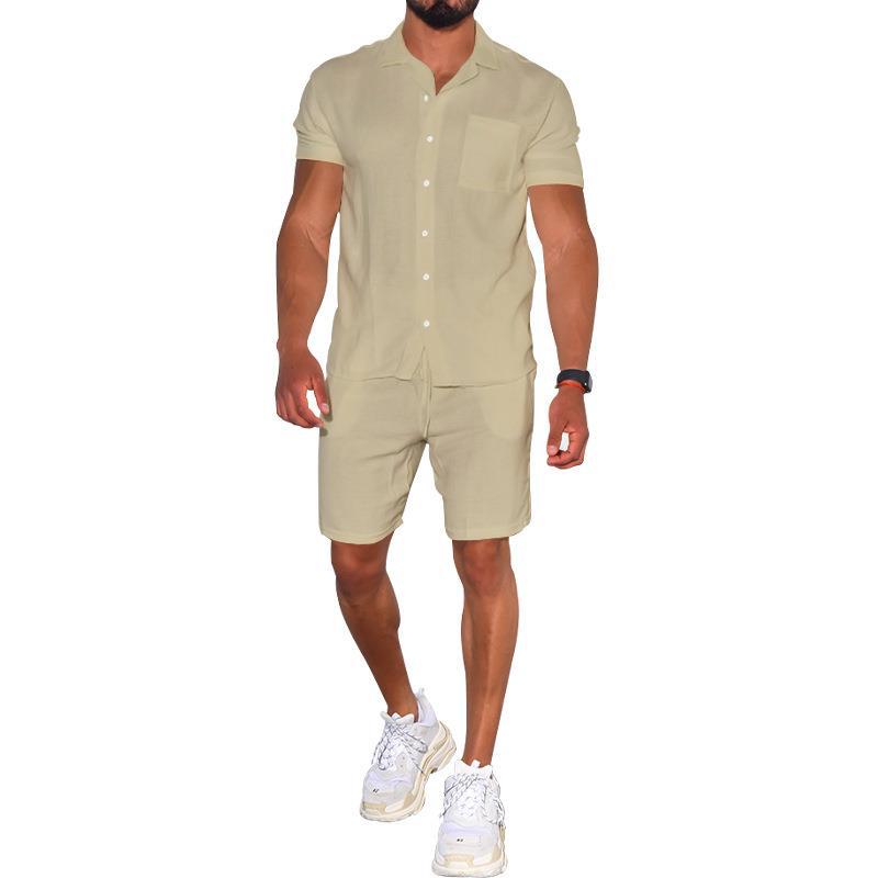 Summer Menswear Suit Polo Collar Solid Color Short-sleeved Shorts Suit Button Four-sided Stretch Shirt