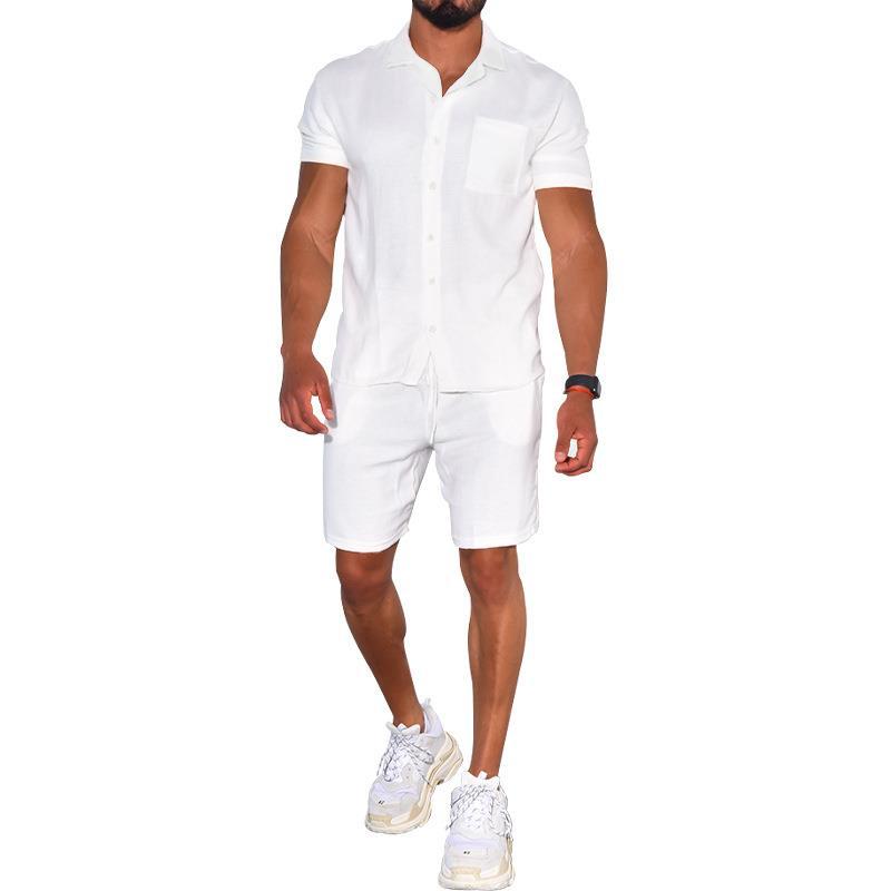 Summer Menswear Suit Polo Collar Solid Color Short-sleeved Shorts Suit Button Four-sided Stretch Shirt