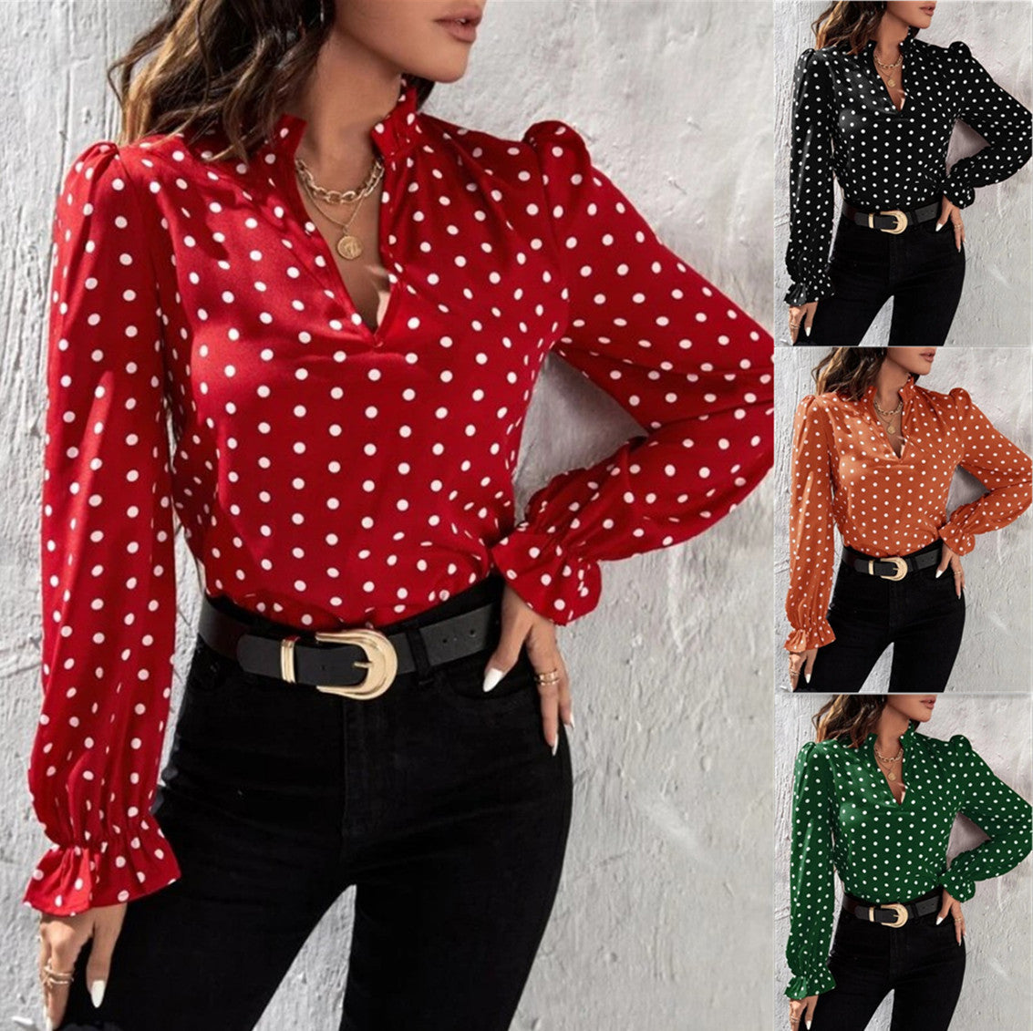 Chiffon Base Slim Fit Pullover Short Polka Dot Long Sleeve T-shirt