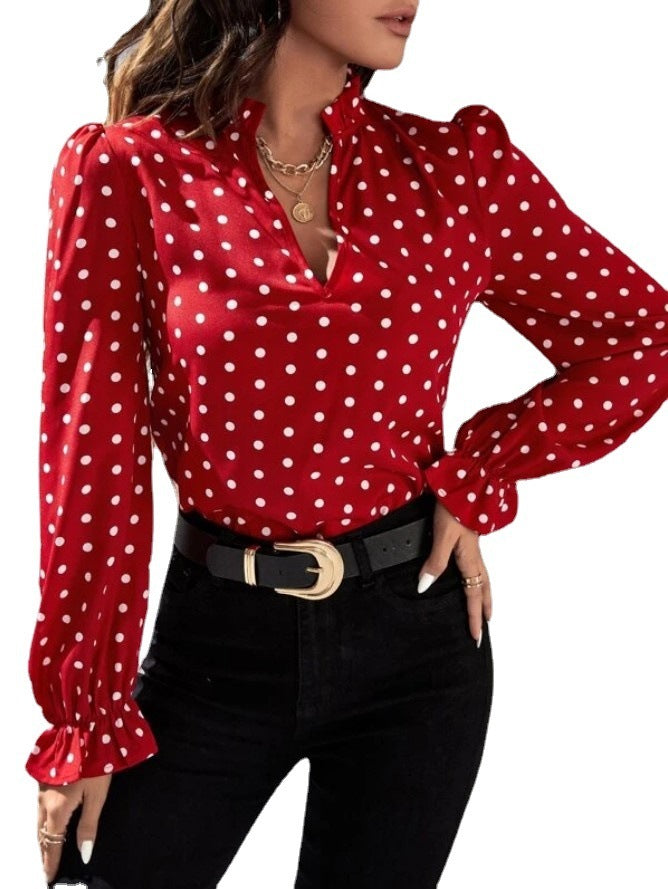 Chiffon Base Slim Fit Pullover Short Polka Dot Long Sleeve T-shirt