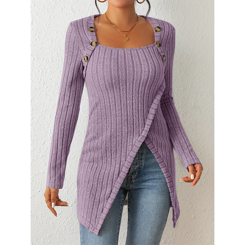 Woman Square-neck Off-shoulder Slit Sweater