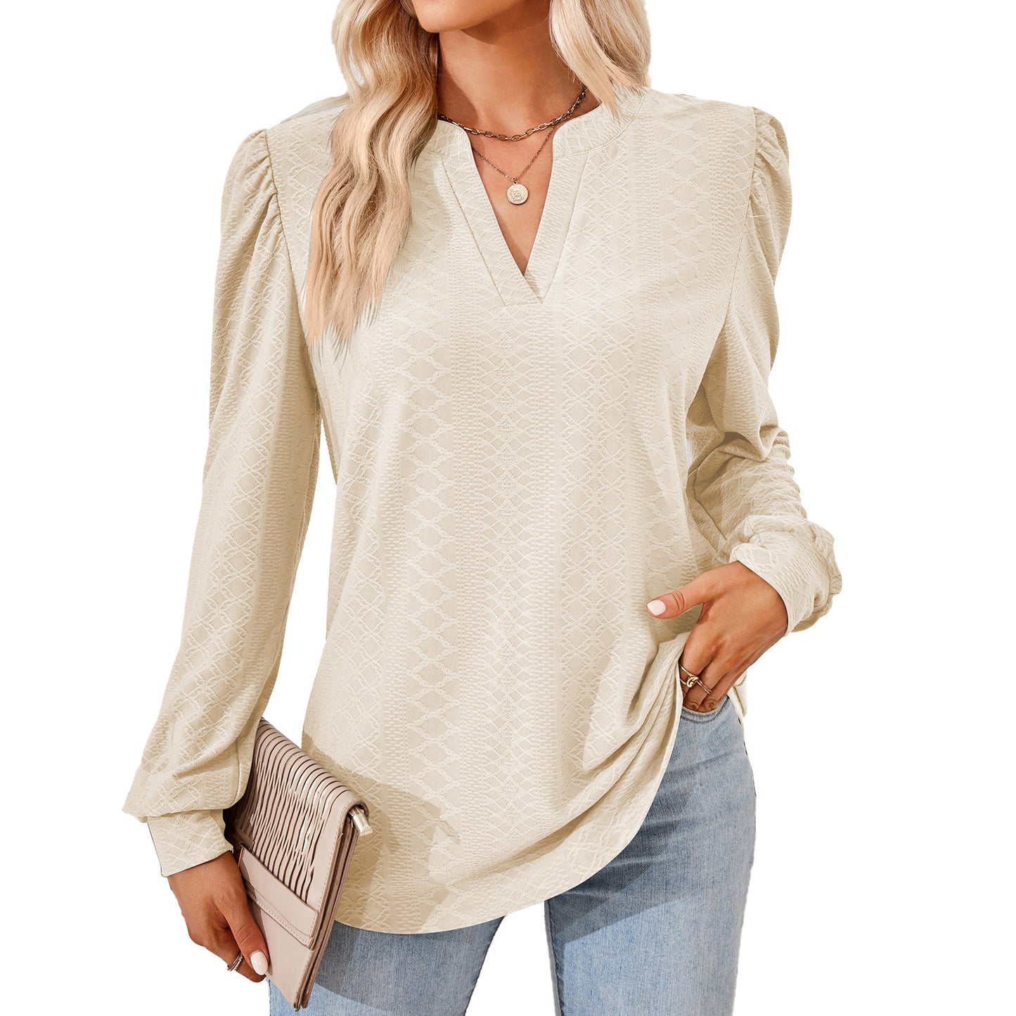 V-neck Jacquard Long Sleeve Loose-fitting T-shirt Top