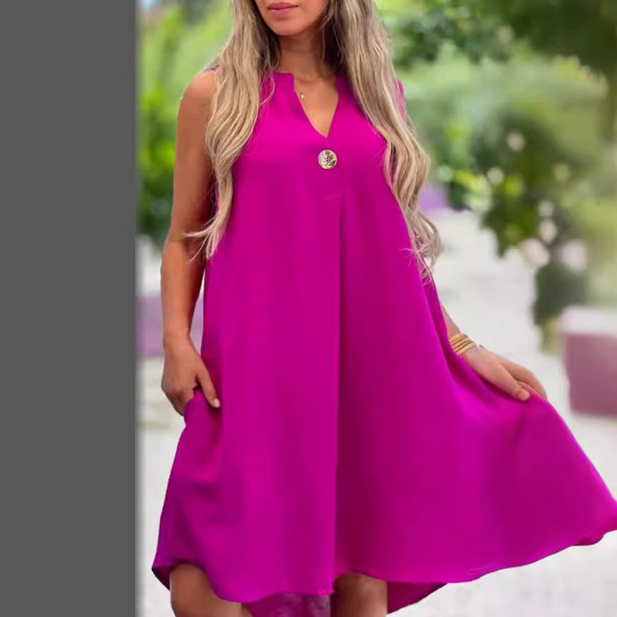 Summer V-neck Sleeveless Dress With Button Decoration