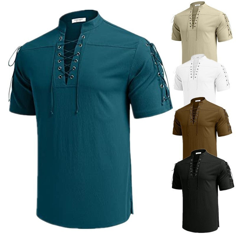 Beach Short Sleeve Lace-up V-neck Pirate Shirt