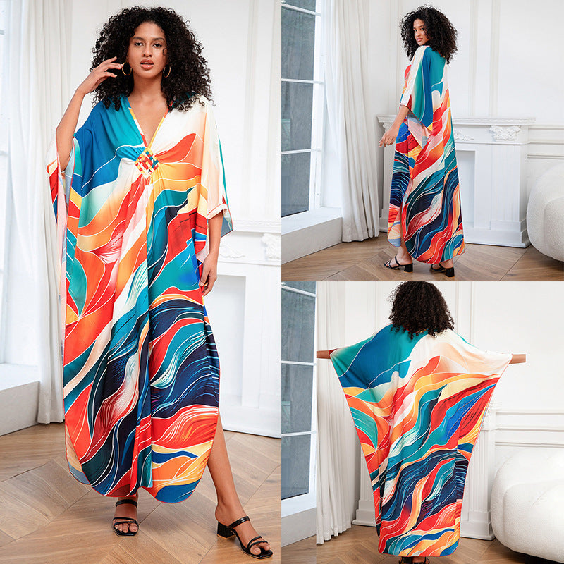 Print Holiday Loose Plus Size Robe Beach Cover-up Dress