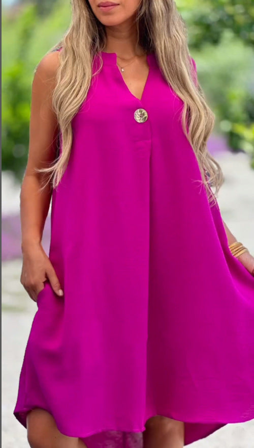 Summer V-neck Sleeveless Dress With Button Decoration