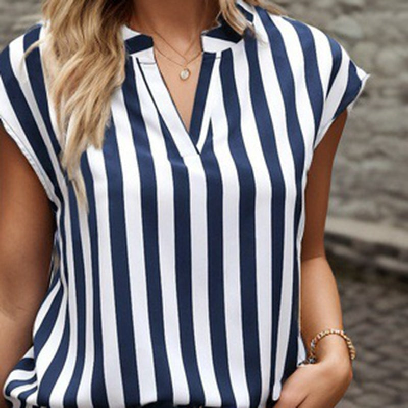Fashion Short Sleeve Striped Shirt For Women