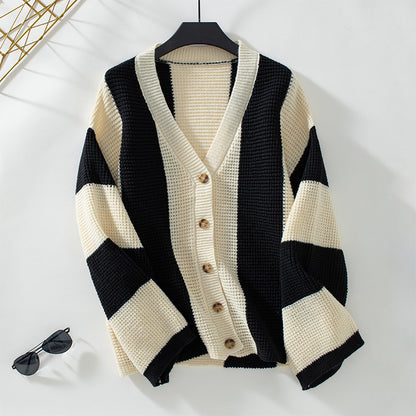 Contrast Color Striped Women's Sweater Cardigan Loose Sweater