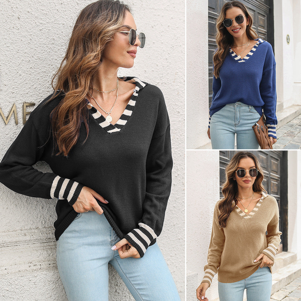 Striped Lapel Sweater Women's Loose Autumn And Winter Long Sleeve Sweater Ins