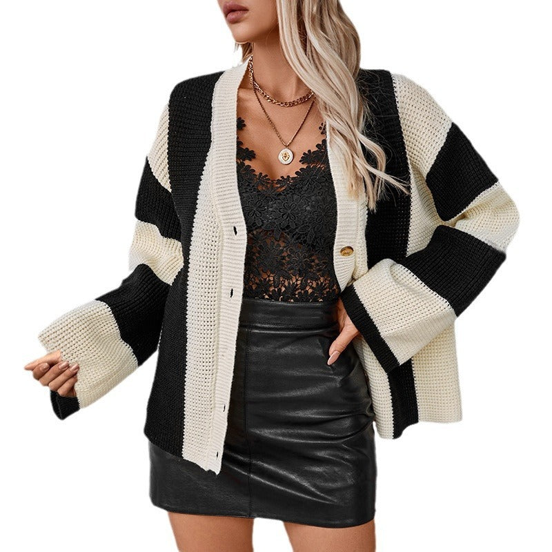 Contrast Color Striped Women's Sweater Cardigan Loose Sweater