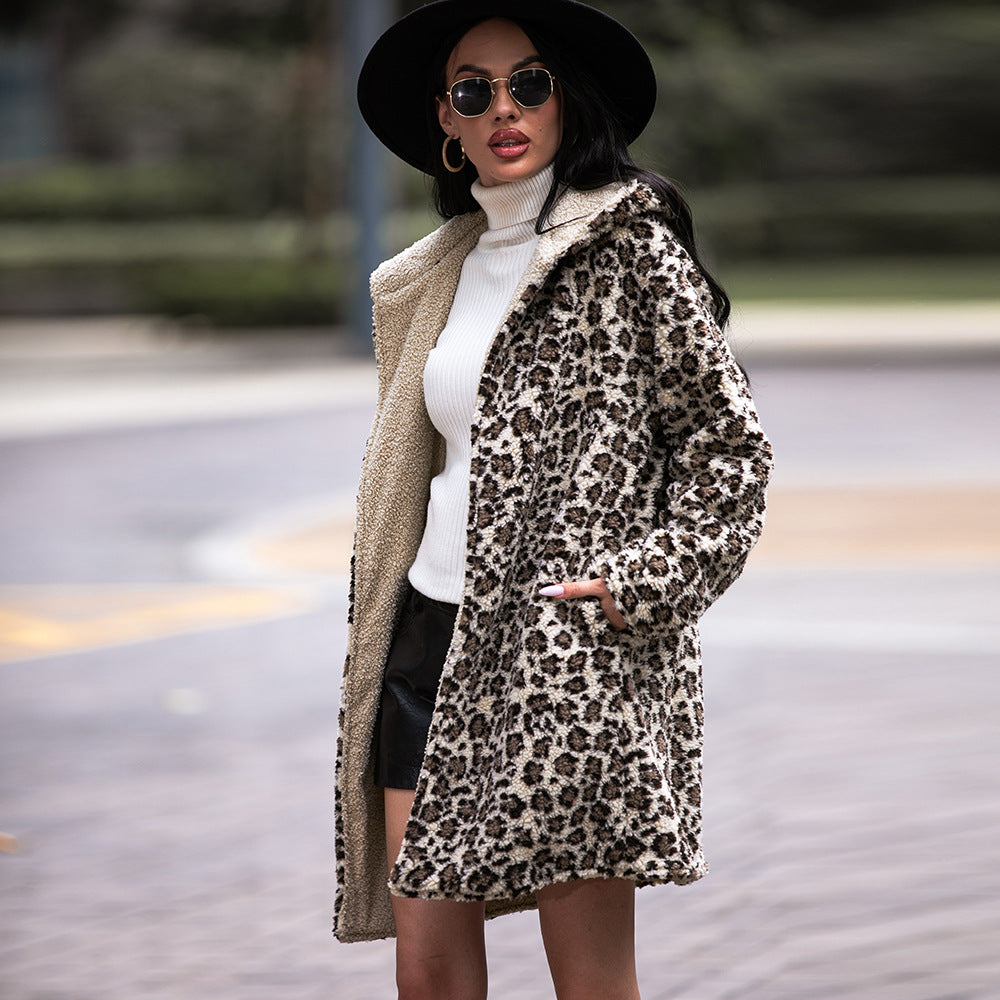 Hooded Plush Top Leopard Fashion Brand Fleece Padded Coat