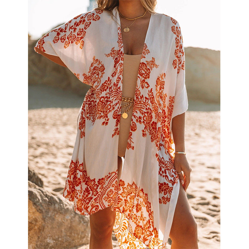 Summer Mid-length Slit Print Loose Beach Cover