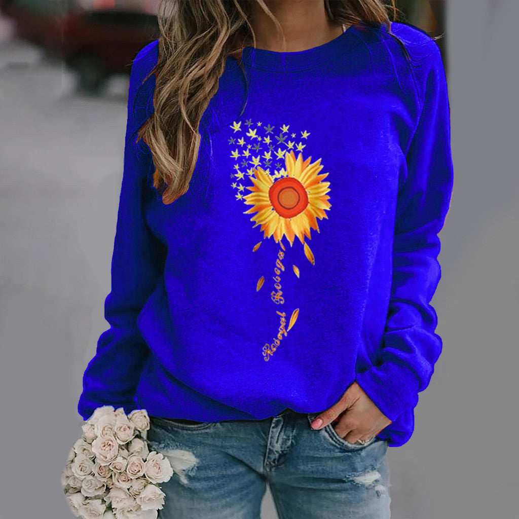 Sunflower Pattern Printing Long Sleeve Crew Neck Sweater