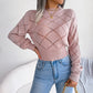 Hollow Plaid Long Sleeves Cropped Knitted Sweater