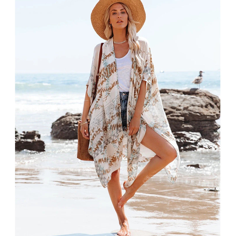 Summer Mid-length Slit Print Loose Beach Cover