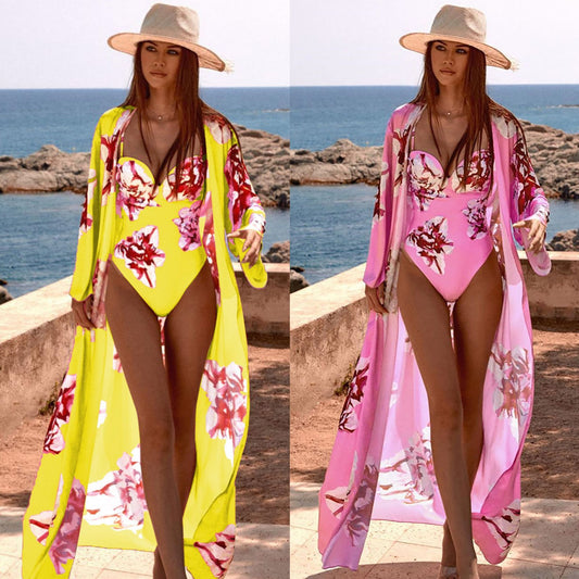 Two-piece Suit Long Sleeve Mesh Blouse Sexy Printed Swimsuit