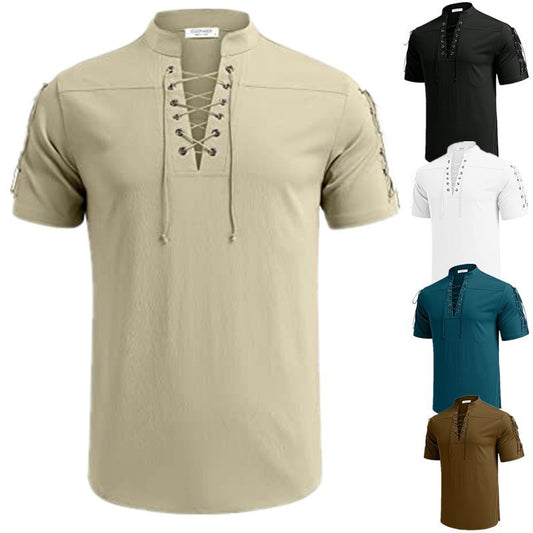 Beach Short Sleeve Lace-up V-neck Pirate Shirt