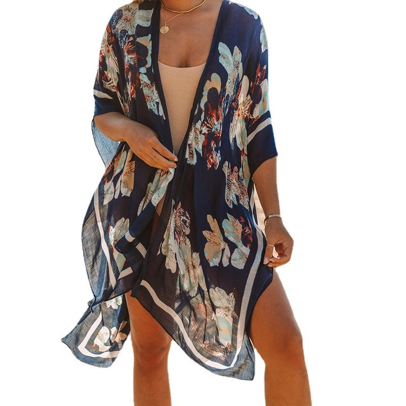 Summer Mid-length Slit Print Loose Beach Cover