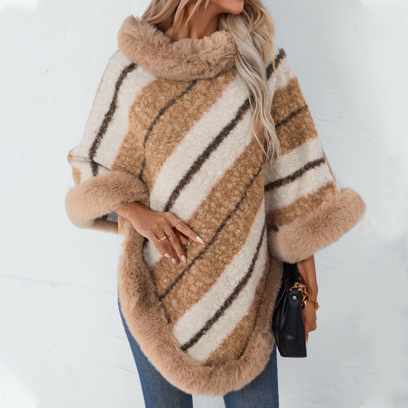 Cape Fur Collar Striped Knitted Shawl Sweater For Women