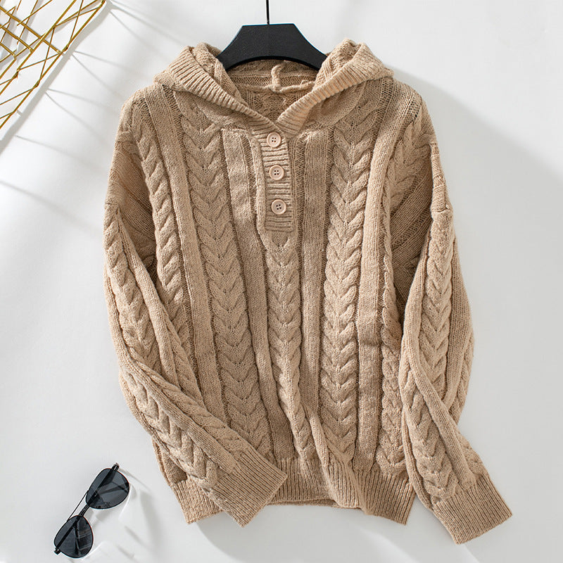 Hooded Pullover Women's Button Cable-knit Sweater