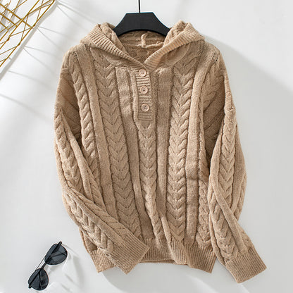 Hooded Pullover Women's Button Cable-knit Sweater