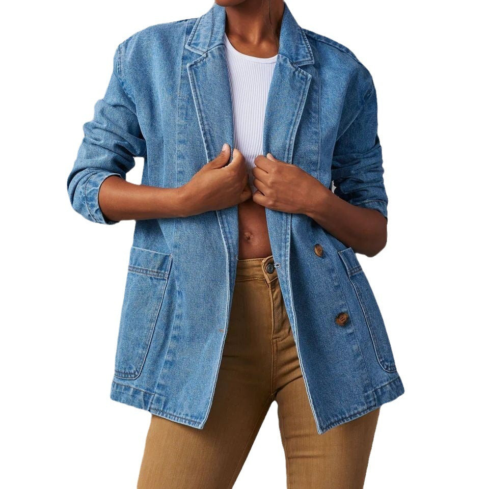 Washed Blue Denim Women's Suit Jacket