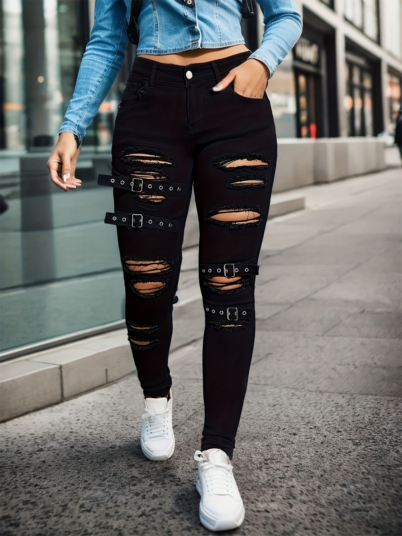 Black Tight Stretch Skinny Ripped Denim Trousers