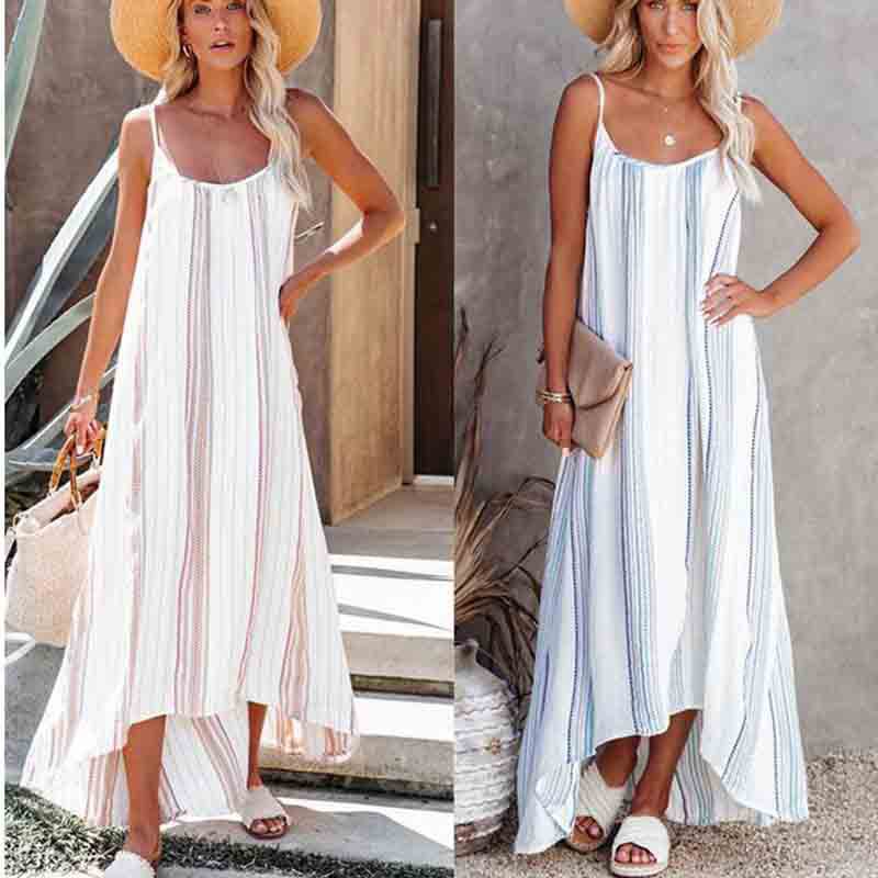 Bohemian Resort Style Striped Print Suspender Dress