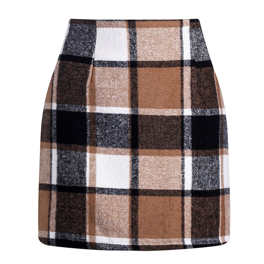 High-waisted Plaid Tight Pencil Wool Mini Skirt