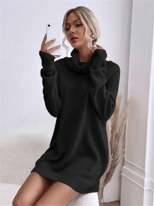 Solid Color Loose High Collar Knitted Dress