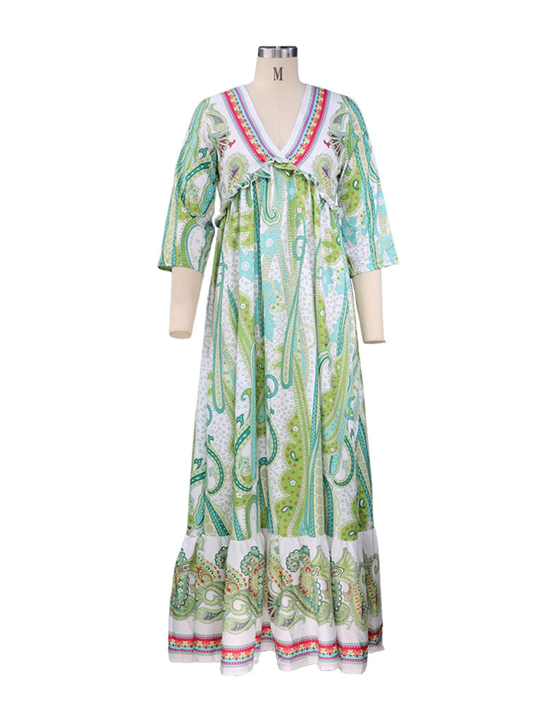 Half Sleeve V-neck Bohemian Printed Dress