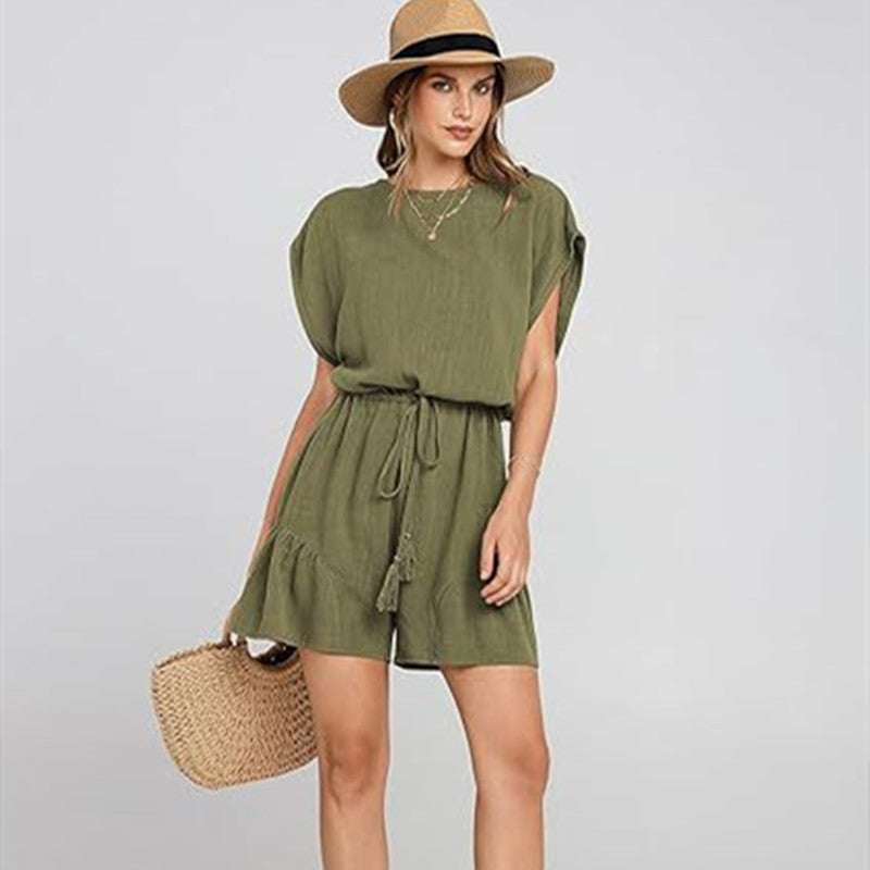 Cotton And Linen Jumpsuit Loose Waist Short Sleeve Women