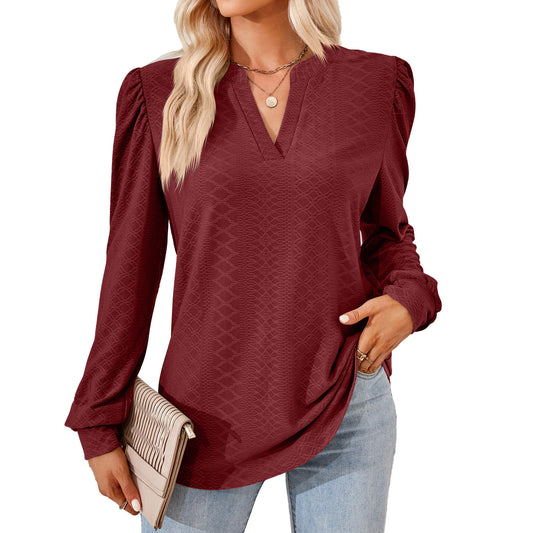 V-neck Jacquard Long Sleeve Loose-fitting T-shirt Top