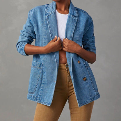 Washed Blue Denim Women's Suit Jacket