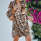 Leopard Print A-Line Party Dress Lady Lapel Fashion Shirt Dress Women Vintage Long Sleeve Draped Mini Dress