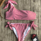 One-shoulder Lace Split Bikini Swimsuit Striped Multicolor Ladies Swimwear
