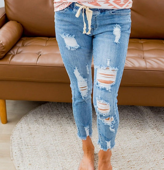 Women's High Waist Ripped Elastic Waist Jeans