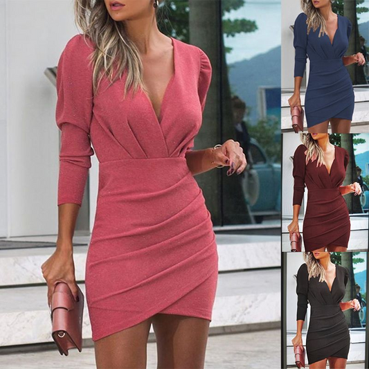 Women's Slim Solid Color Hedging Long Sleeve Dress