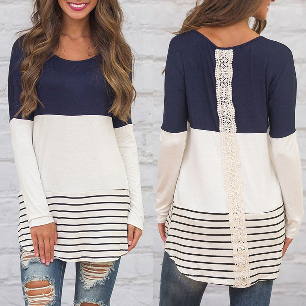 Tricolor Lace Panel Long Sleeve Top