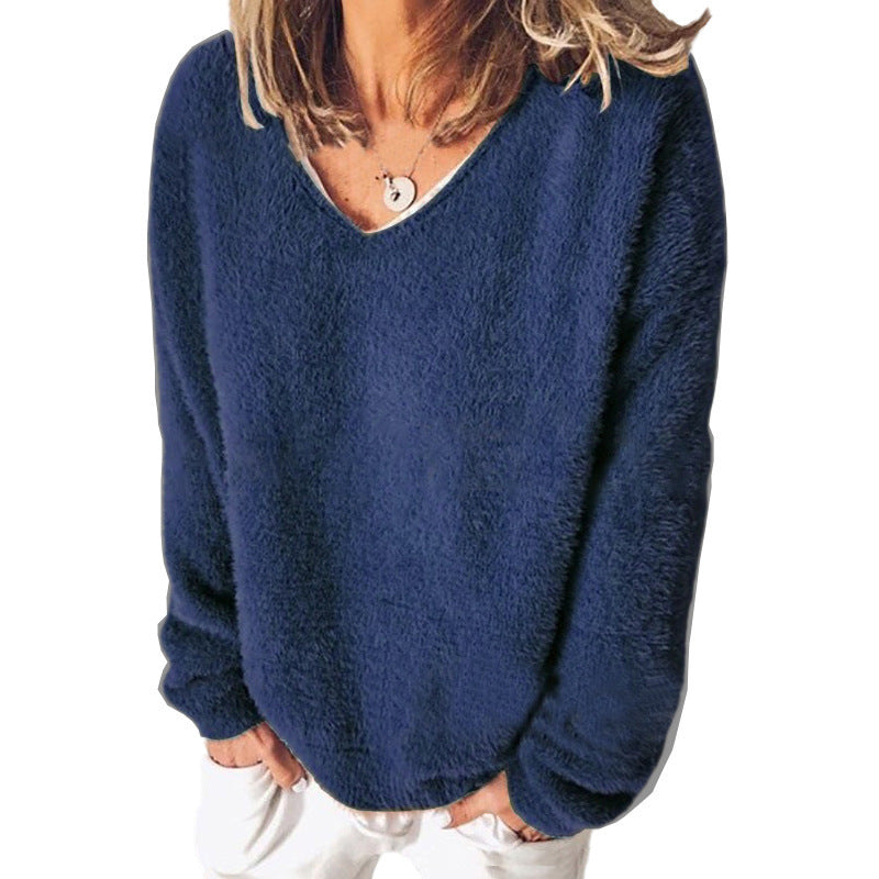Solid Color Sweater V-Neck Long Sleeve Loose T-shirt