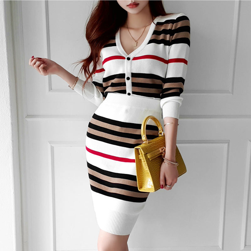 Slim Small Cardigan Top Knitted Striped Hip Skirt Suit