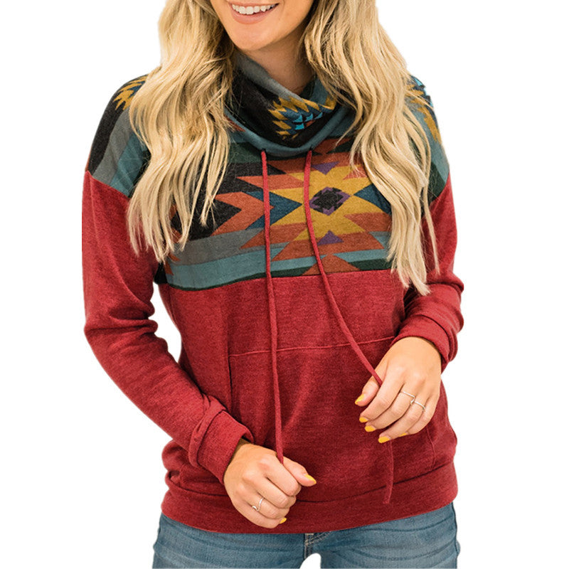 Loose Printed High Neck Hooded Sweater Women