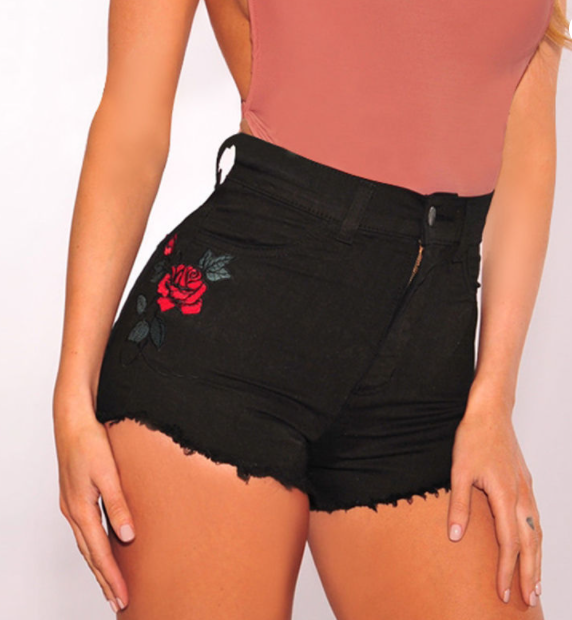 Rose Flower Embroidery Women Denim Shorts Jeans