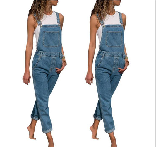 Ladies' Long Blue Jeans With Straps