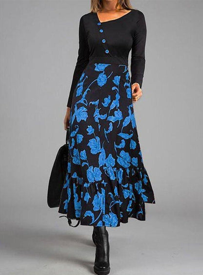 Elegant Patchwork Button Slim Waist Party Dress Retro Floral Print Long Sleeve Boho Dress Women  Diagonal Collar Maxi Dress